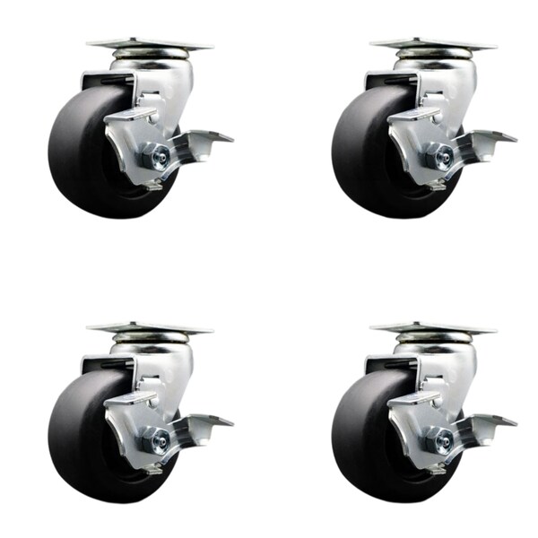 4 Inch Polyolefin Swivel Caster Set with Ball Bearings and Brakes SCC